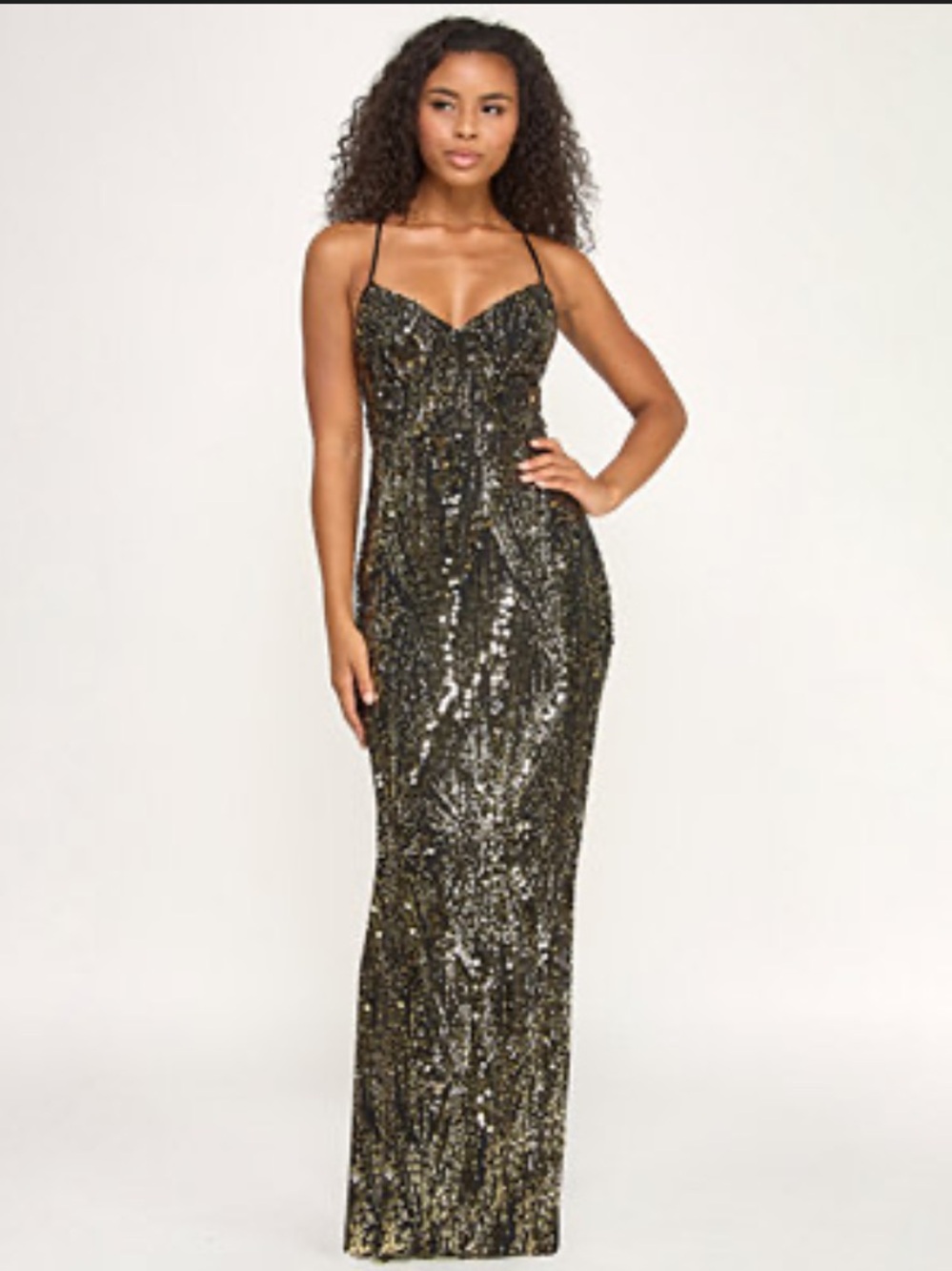 Funky Vintage Black Gold Sequin Gown Small Spaghetti Strap Prom Formal Dress